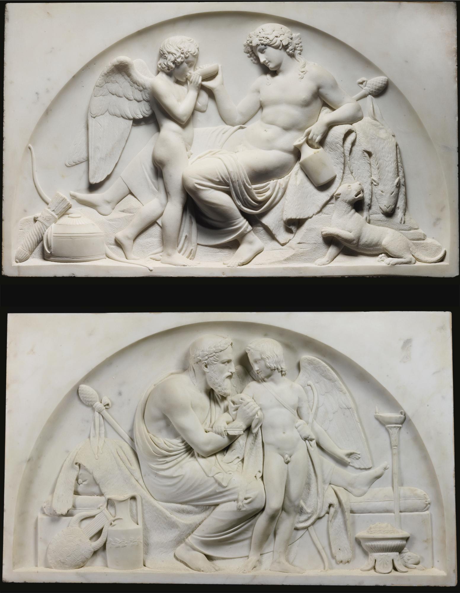 Bertel Thorvaldsen - A Set Of Four Reliefs Of Cupid And Bacchus, Cupid Received By Anacreon, Pan Teaching A Child Satyr To Play Reed Pipe, Bacchante And Child Satyr