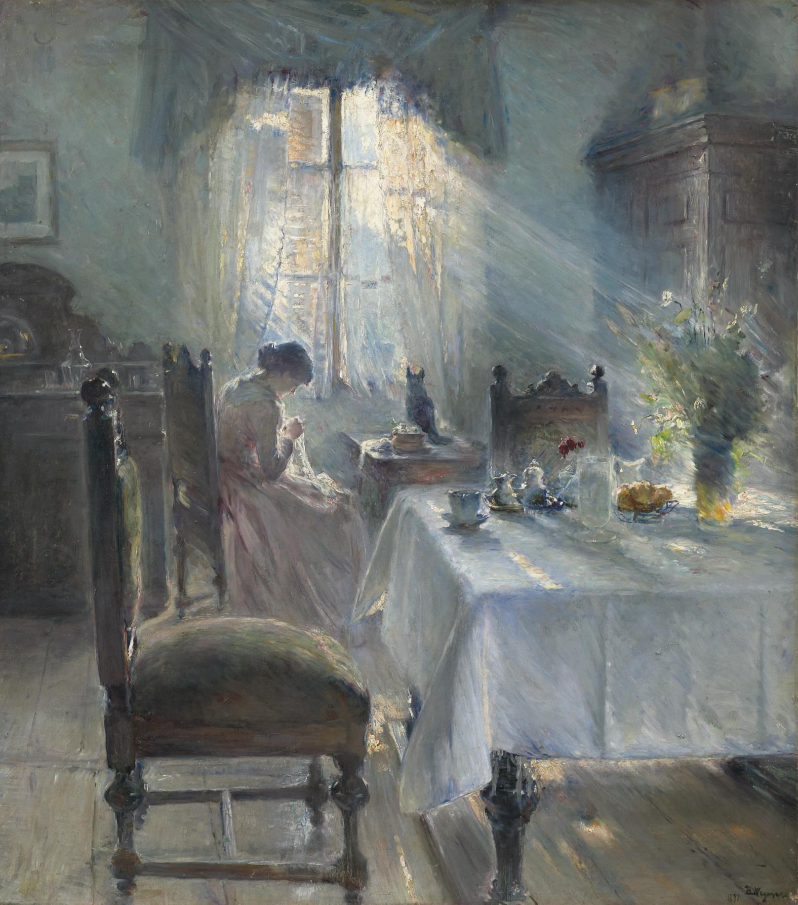 Bertha Wegmann - Interiør med kvinde som syr (Woman sewing in an interior)