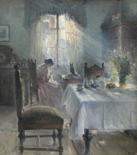 Bertha Wegmann - Interiør med kvinde som syr (Woman sewing in an interior)