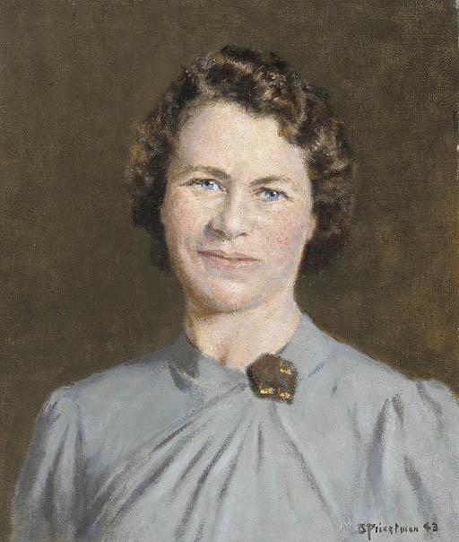 Bertram Priestman - Portrait of A Lady In A Grey Dress