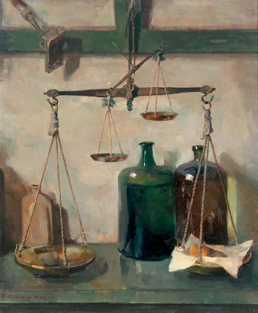 Betsy Westendorp-Osieck - A still life with scales and glass bottles