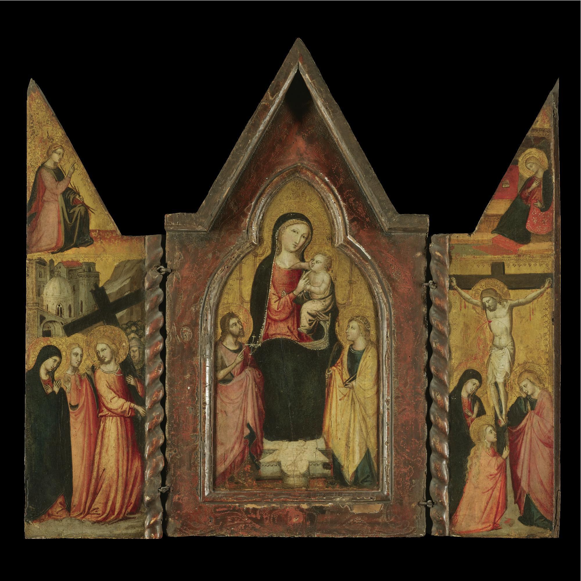 Bicci di Lorenzo - A Portable Triptych: Central Panel: The Madonna And Child With Saints John The Baptist And Catherine; Wings: Christ On The Way To Calvary With The Angel Of The Annunciation Above; The Crucifixion With The Virgin Annunciate Above