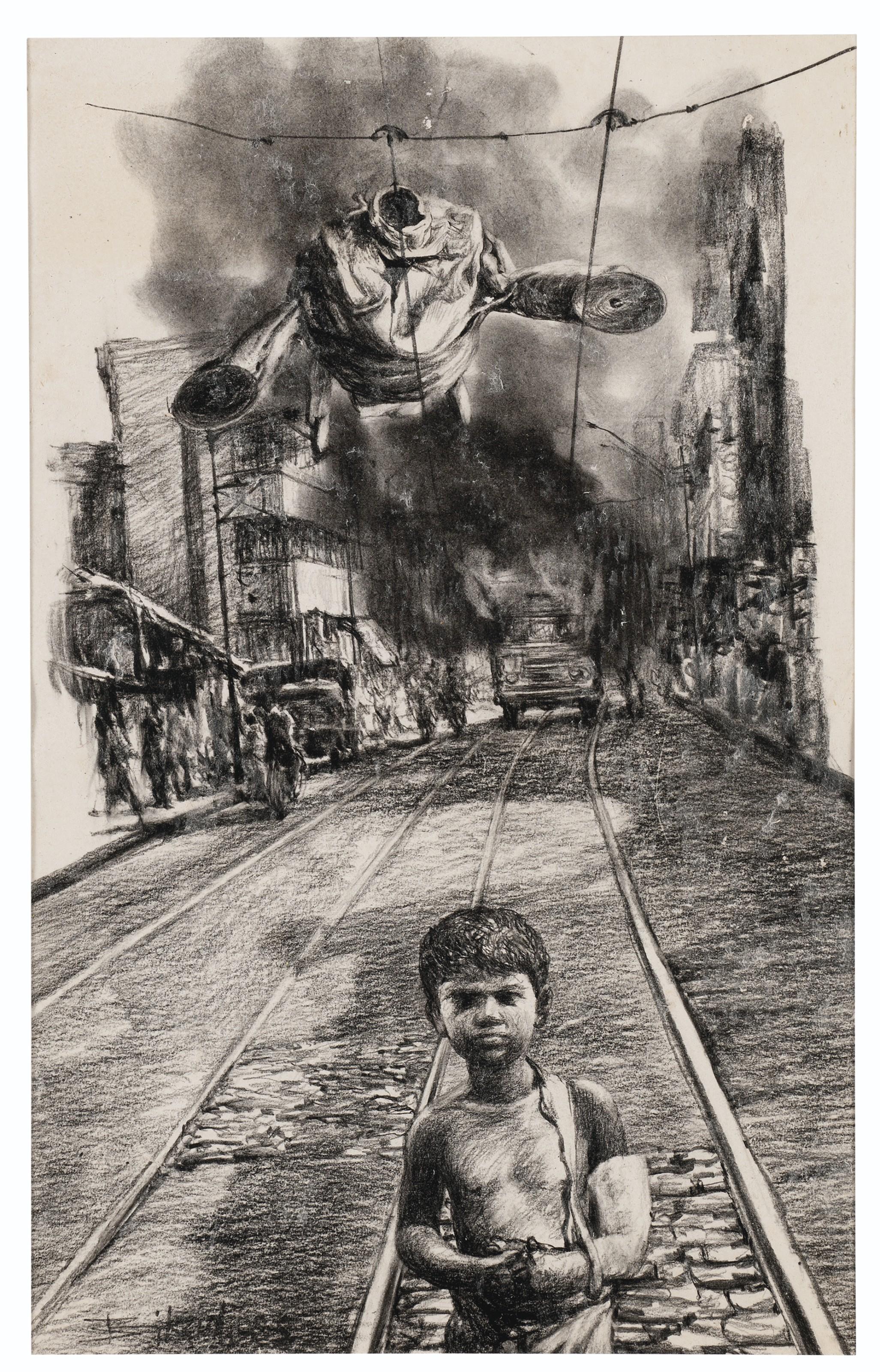 Bikash Bhattacharjee - Untitled (Boy on Tram Tracks)