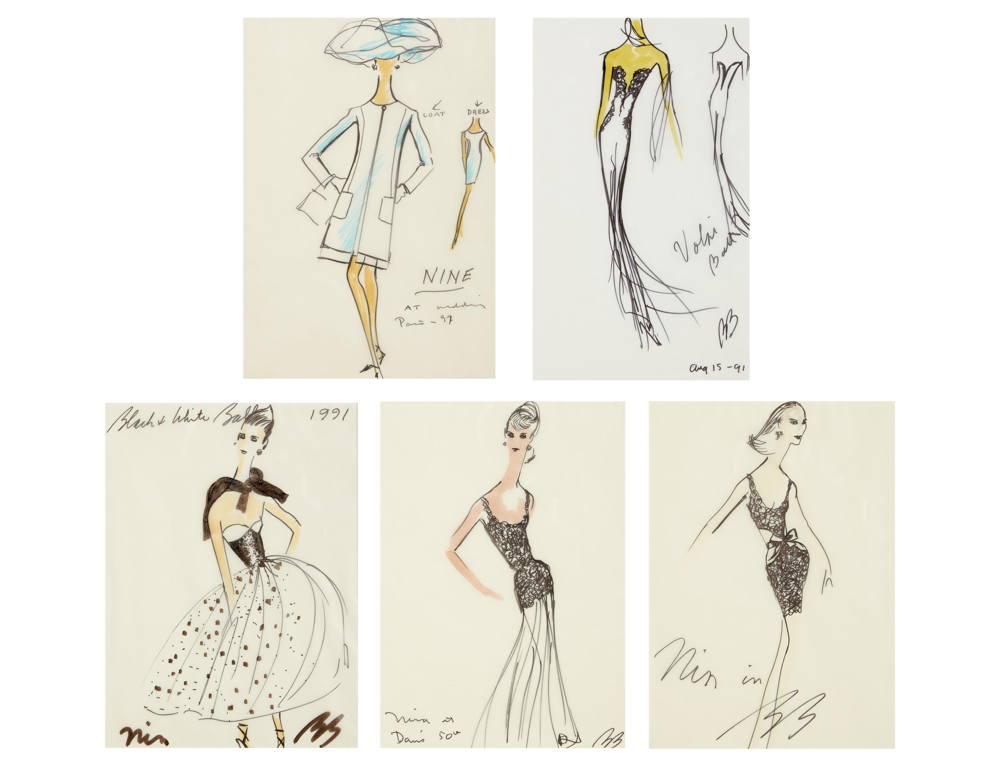Bill Blass - Five sketches of dresses