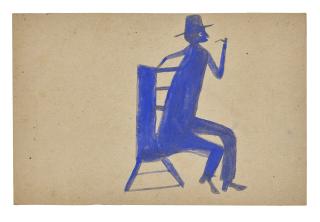 Bill Traylor - Man in a Blue Chair with a Pipe