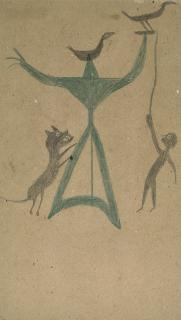 Bill Traylor - Untitled (Birds, Dog And Man With Green Construction)