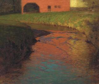 Birge Harrison - Red Barn By A Stream