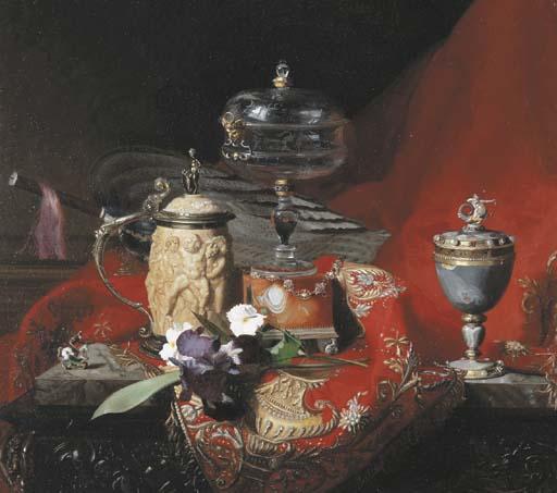 Blaise-Alexandre Desgoffe - A silver-mounted ivory Tankard, a Renaissance silver-gilt-mounted agate Cup and a Renaissance etched Glass on an agate Stand with an Iris on a draped marble Ledge