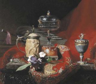 Blaise-Alexandre Desgoffe - A silver-mounted ivory Tankard, a Renaissance silver-gilt-mounted agate Cup and a Renaissance etched Glass on an agate Stand with an Iris on a draped marble Ledge