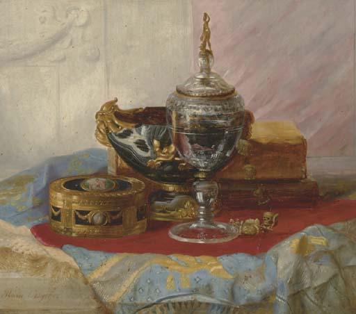 Blaise Alexandre Desgoffe - A Still Life With A Lady\'S Gold Box, A Crystal Chalice And Other Objects On A Draped Marble Table