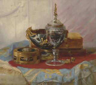 Blaise Alexandre Desgoffe - A Still Life With A Lady\'S Gold Box, A Crystal Chalice And Other Objects On A Draped Marble Table