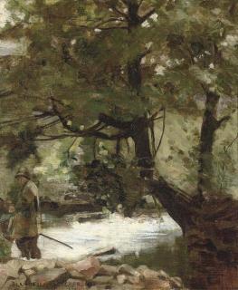 Blanford Fletcher - An angler beside a wooded stream