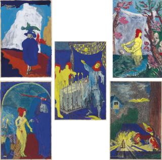 Bob Thompson - Untitled (Tarot)  gouache on printed paper 8½ x 9 in. (21.6 x 22.9 cm.) Executed circa 1960.  Untitled (Tarot)       gouache on printed paper 8½ x 9 in. (21.6 x 22.9 cm.)      Executed circa 1960.  Untitled (Tarot)    gouache on printed paper 8½ x