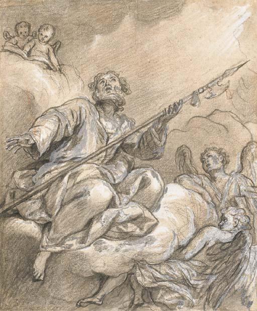 Bon Boullogne - Saint Thomas Looking Upwards, Seated On A Cloud Held By Two Angels, Two Putti Reading A Book Above