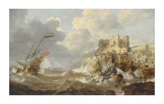 Bonaventura Peeters I - A coastal landscape with a Dutch three-master in distress and a shipwreck by a fortified town