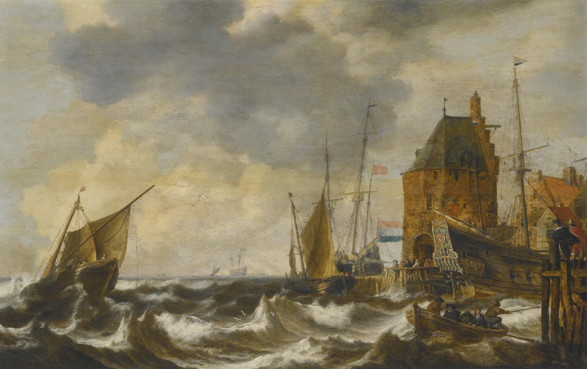 Bonaventura Peeters The Elder - Dutch Vessels And A Rowing Boat On Choppy Waters By A Small Harbour Town, A Man \'O War Safely Moored And Two Gentlemen Overlooking The Scene In The Foreground