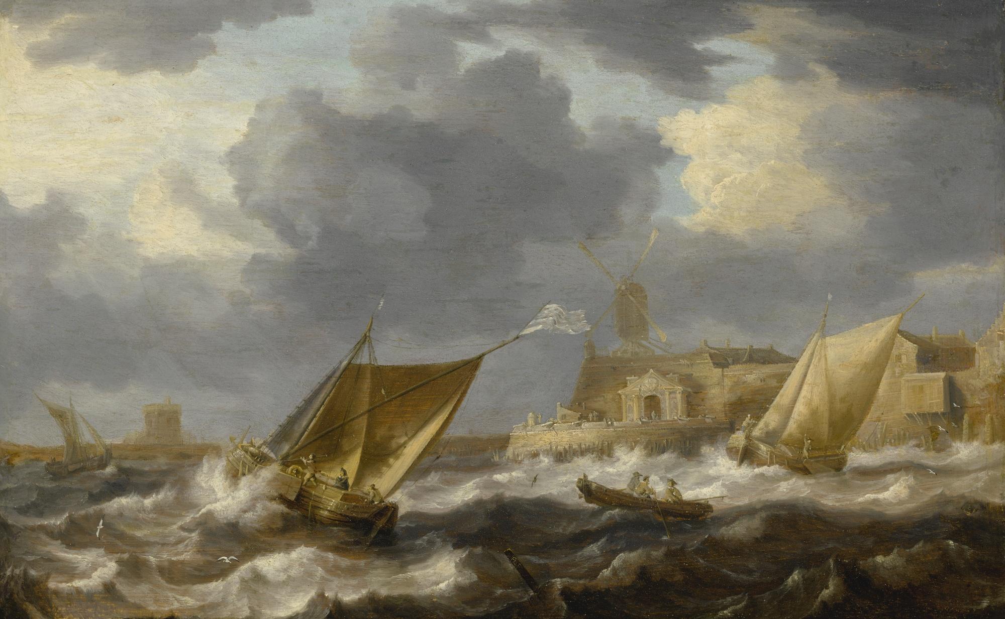 Bonaventura Peeters the Elder - Vessels And A Rowing Boat On Choppy Waters, Near A Small Harbor Town With A Windmill, Possibly Hoboken