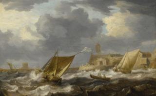 Bonaventura Peeters the Elder - Vessels And A Rowing Boat On Choppy Waters, Near A Small Harbor Town With A Windmill, Possibly Hoboken