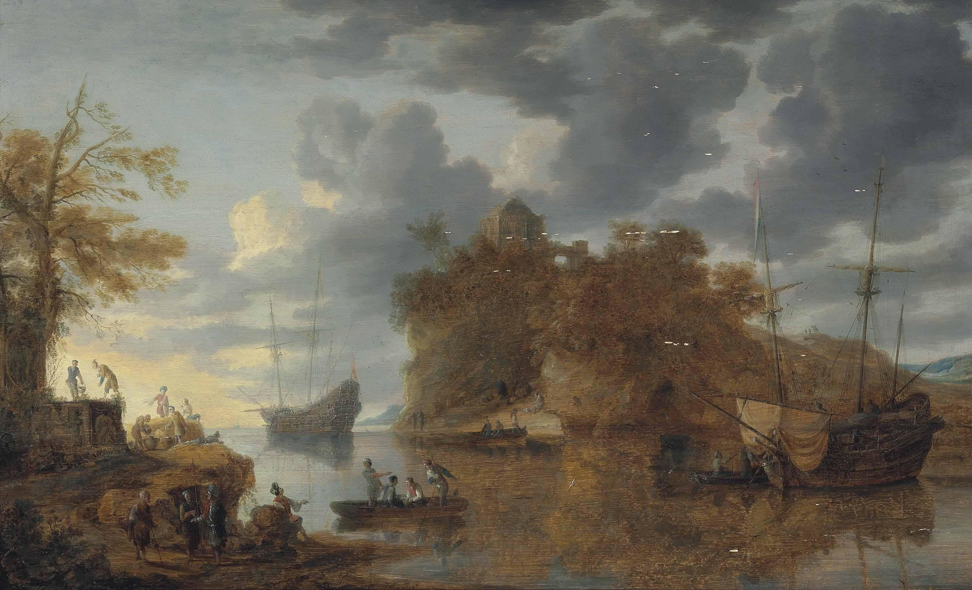 Bonaventura Peeters - A coastal scene with shipping in a calm with figures in a rowing boat and conversing on a shore