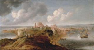 Bonaventura Peeters - A fortified port on a promontory, an English frigate firing a salute
