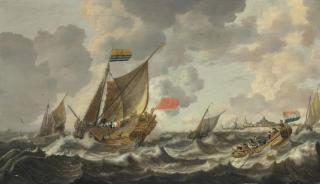 Bonaventura Peeters - A Rowing Vessel Approaching A Zeeland States Yacht Firing A Salute, In Choppy Sees Off Vlissingen, With Other Shipping Beyond