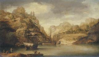 Bonaventura Peeters - An estuary with loggers at a northern trading post