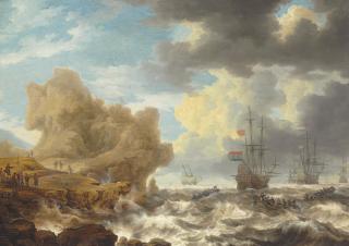 Bonaventura Peeters - Dutch ships off a rocky coast with colonists encountering natives