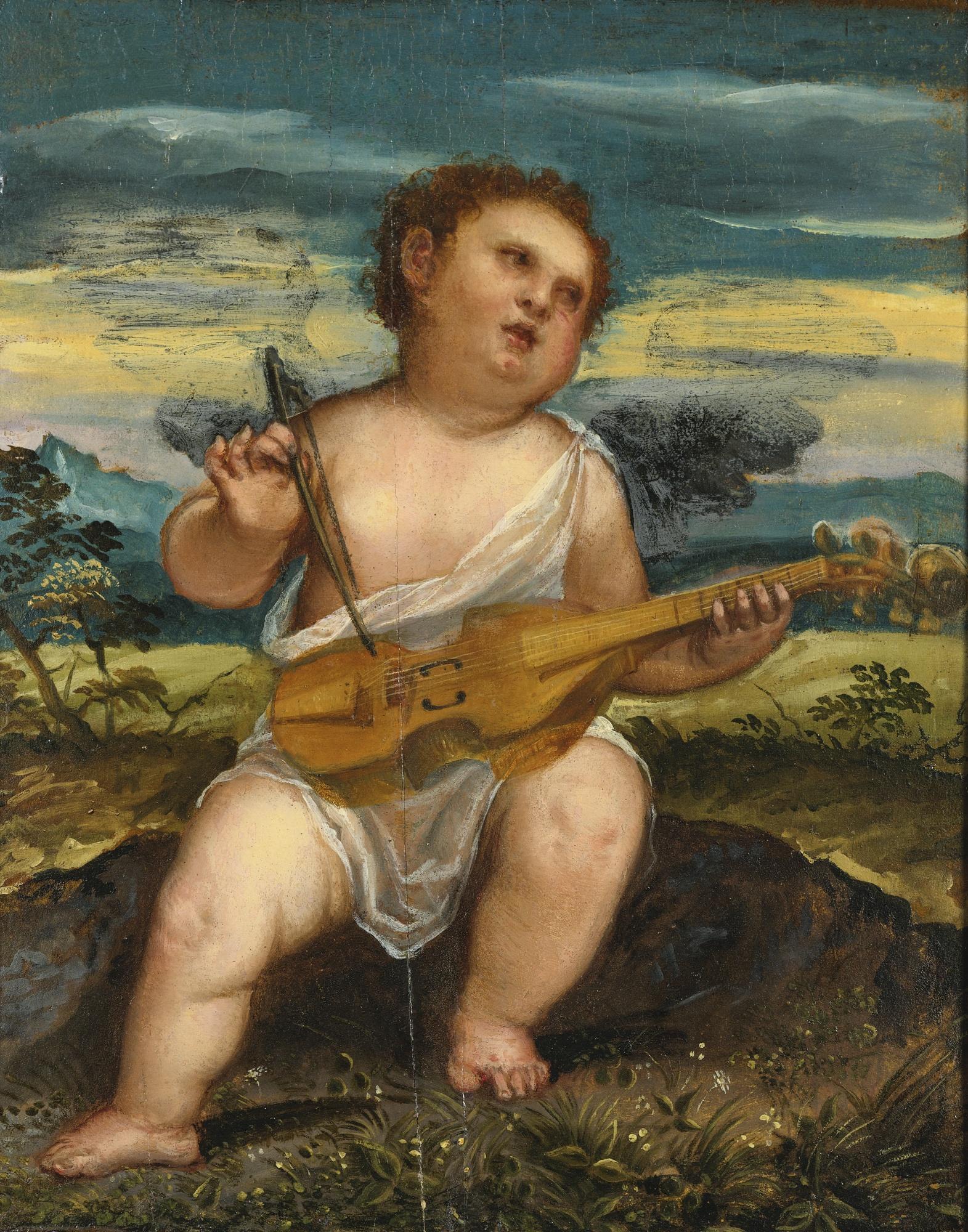 Bonifazio De\' Pitati - Cupid With A Violin In A Landscape