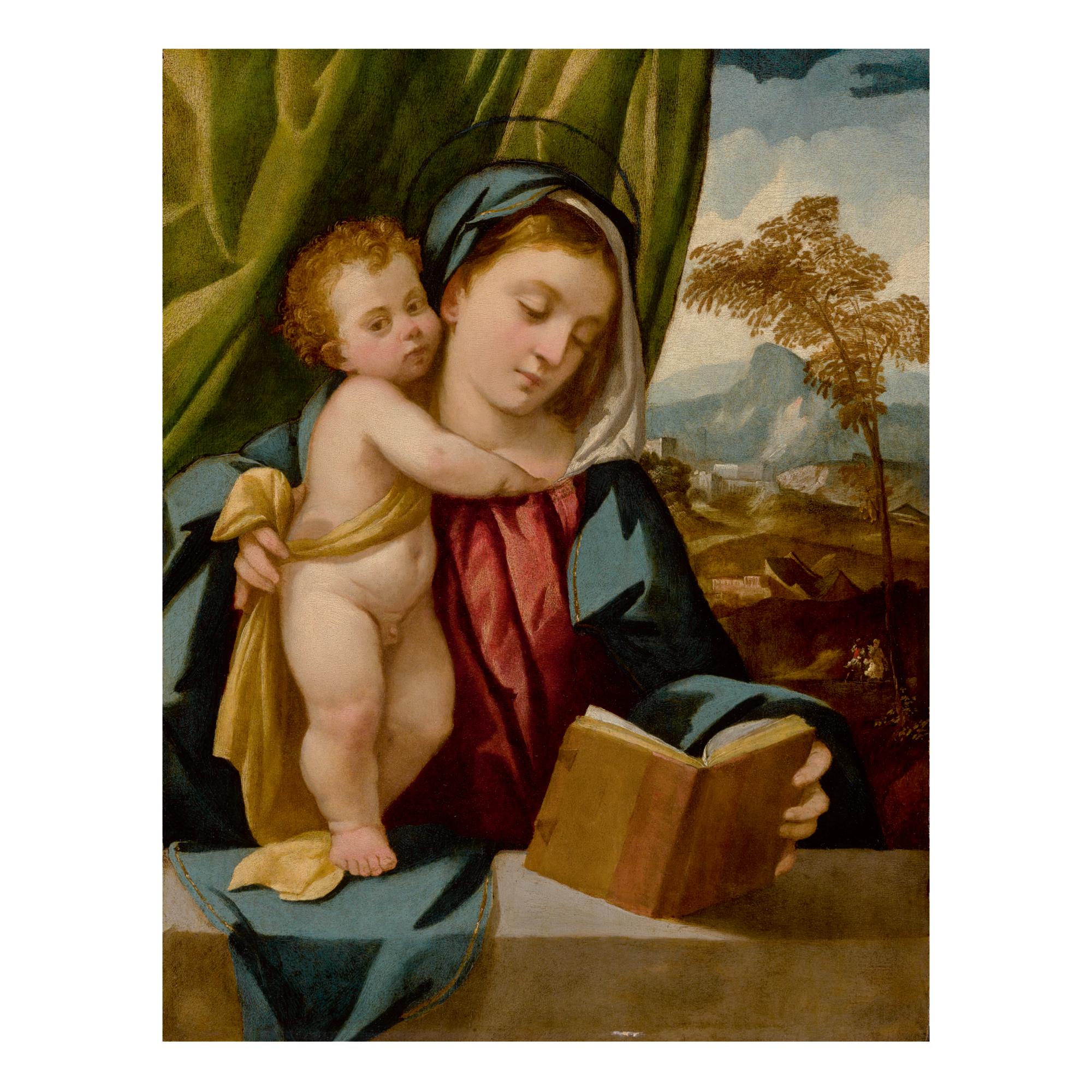 Bonifazio De\' Pitati - Madonna Reading A Book And Holding The Standing Christ Child, With A Landscape Beyond
