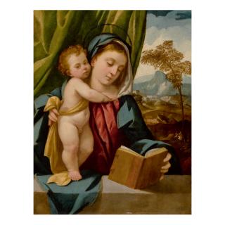 Bonifazio De\' Pitati - Madonna Reading A Book And Holding The Standing Christ Child, With A Landscape Beyond