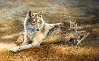 Bonnie Marris - Mother Wolf and Cubs 30 x 48in