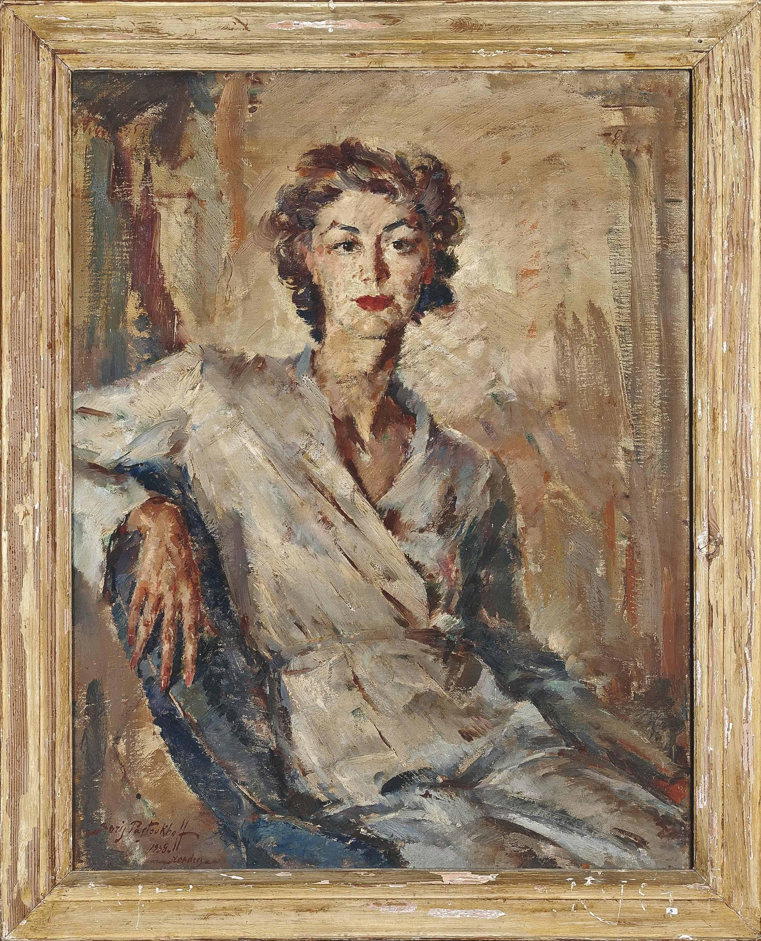 Boris Ivanovich Pastoukhoff - Portrait of Mrs Moore, seated, three-quarter-length, in a white dress