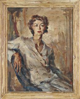 Boris Ivanovich Pastoukhoff - Portrait of Mrs Moore, seated, three-quarter-length, in a white dress