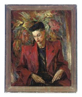 Boris Ivanovich Pastukhoff - Portrait of a lady, three-quarter-length, in a red blazer and black dress