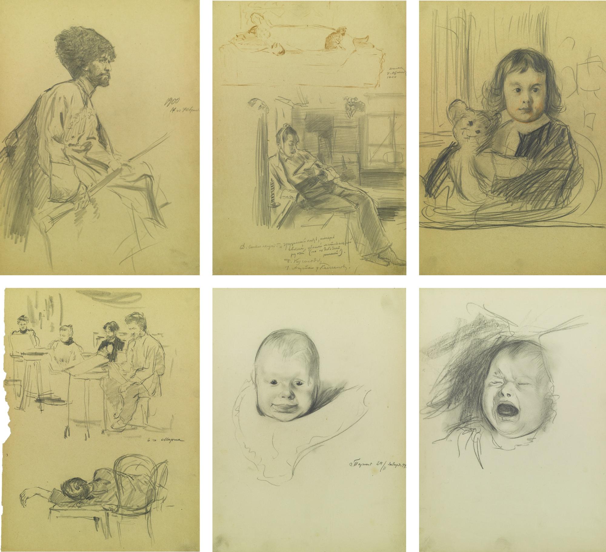 Boris Mikhailovich Kustodiev - A Group Of Six Drawings, Including Portraits Of Dmitri Stelletsky And Irina Kustodieva