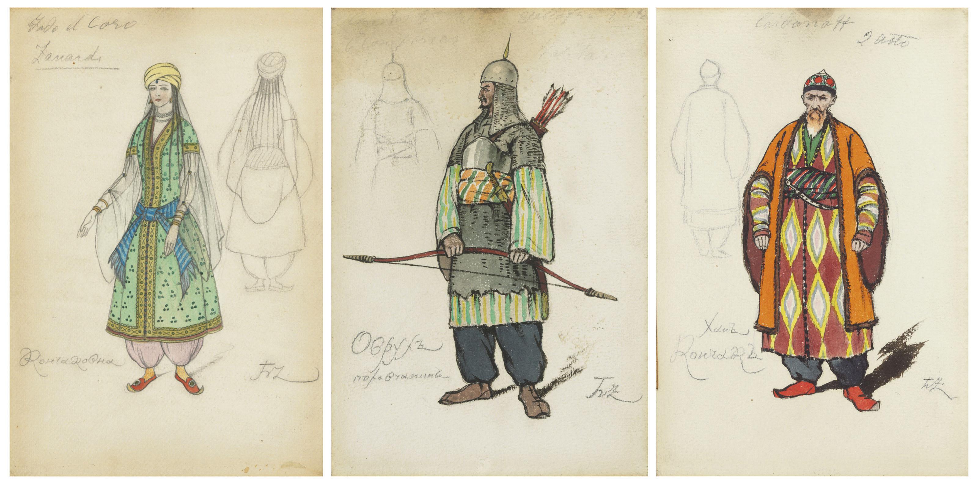 Boris Zvorykin - Three costume designs for \'Prince Igor\': Kontchakovna (i); Khan Kontchak (ii); and Ovlur polovtchanin (iii)