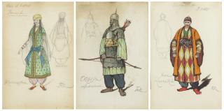 Boris Zvorykin - Three costume designs for \'Prince Igor\': Kontchakovna (i); Khan Kontchak (ii); and Ovlur polovtchanin (iii)