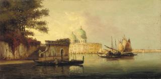 Bouvard - Gondolas at their moorings with Venice beyond