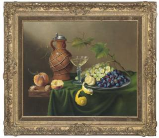 Brian Davies - Grapes and a lemon on a pewter dish, with a wine glass, and a jug to the side, on a table