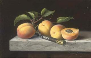 Brian Davies - Peaches and a knife, on a stone ledge