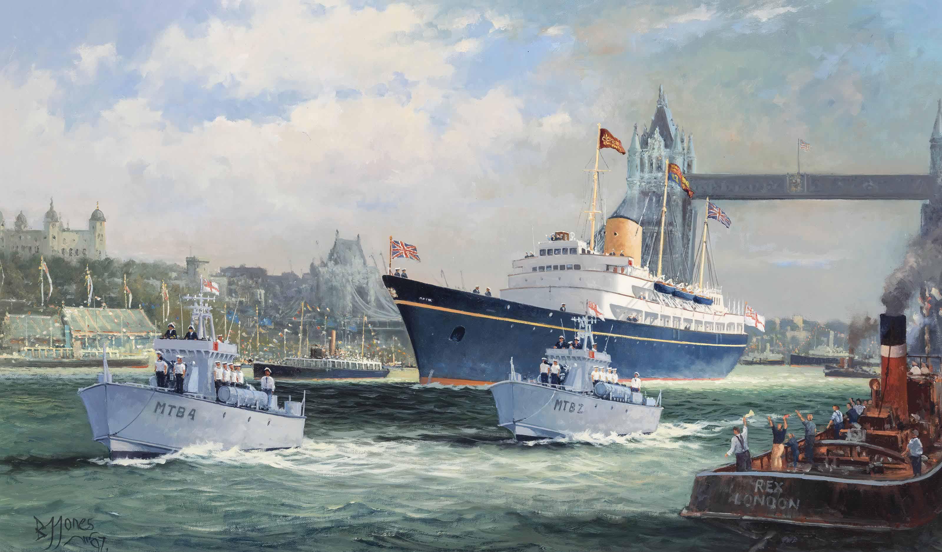 Brian J. Jones, A.R.S.M.A. - H.M.S. Britannia arriving at Tower Pier, with H.R.H. The Queen and the Duke of Edinburgh after their Commonwealth Tour, 1954