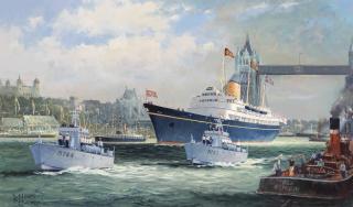 Brian J. Jones, A.R.S.M.A. - H.M.S. Britannia arriving at Tower Pier, with H.R.H. The Queen and the Duke of Edinburgh after their Commonwealth Tour, 1954