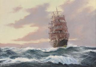 Brian J. Jones - A clipper ship reefed down in an evening breeze
