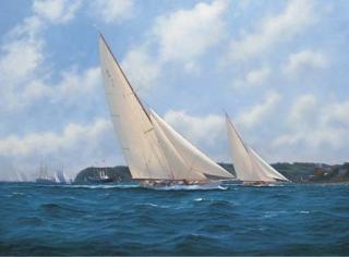 Brian J. Jones - Astra and Candida approaching the finishing line off The Royal Yacht Squadron, Cowes 1923, with the Royal Yacht Victoria and Albert in the roads beyond