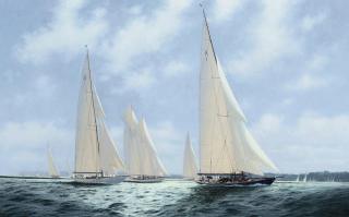 Brian J. Jones - Britannia, Shamrock (V), Westward and Velsheda racing in light airs in the Solent with Britannia catching the breeze