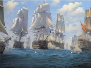 Brian J. Jones - H.M.S. Victory breaking through the enemy lines at Trafalgar, 21st October, 1805