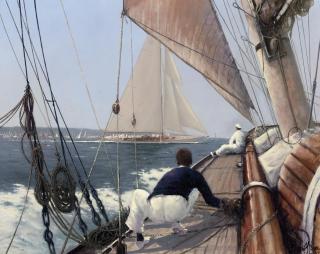 Brian J. Jones - Shamrock (V) tacking across the bow of Velsheda at Cowes Week, 1933