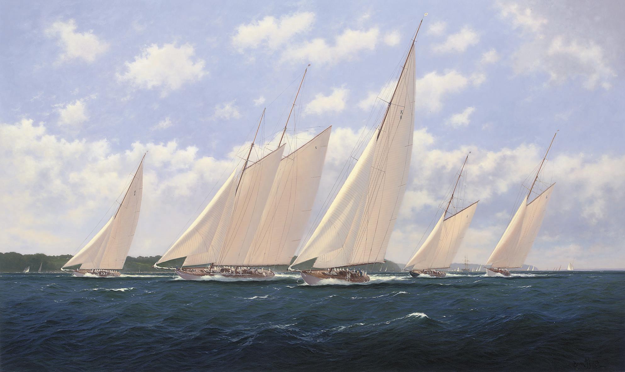 Brian J. Jones - Storming the Cowes Roads, 1930: Astra leading with  Westward, Candida, Britannia and Lulworth behind