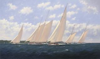 Brian J. Jones - Storming the Cowes Roads, 1930: Astra leading with  Westward, Candida, Britannia and Lulworth behind