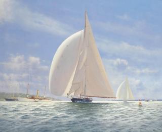 Brian J. Jones - The two protagonists Britannia and Shamrock (V) racing off Cowes with Sir Thomas Lipton\'s steam yacht Erin lying off to starboard